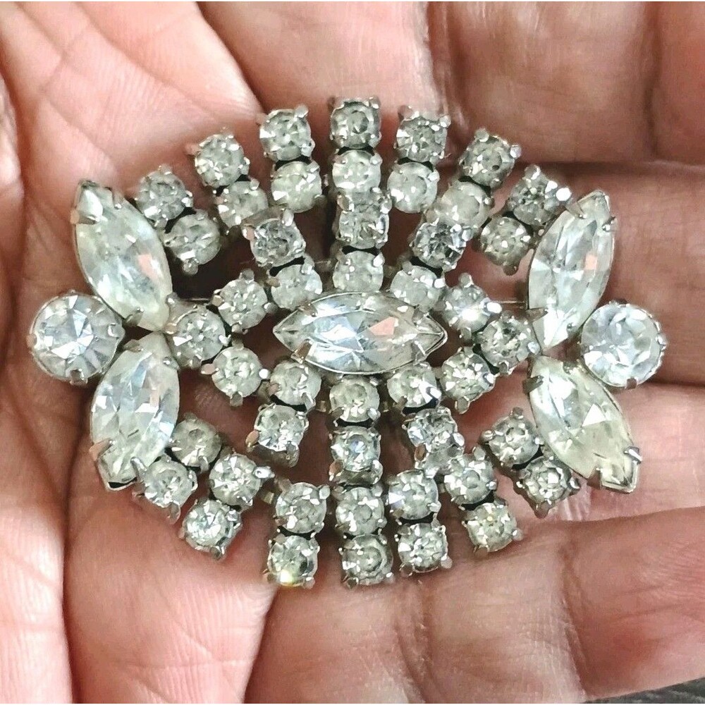 Mid-Century Clear Rhinestone Cluster Oval Layered Statement Vintage Brooch